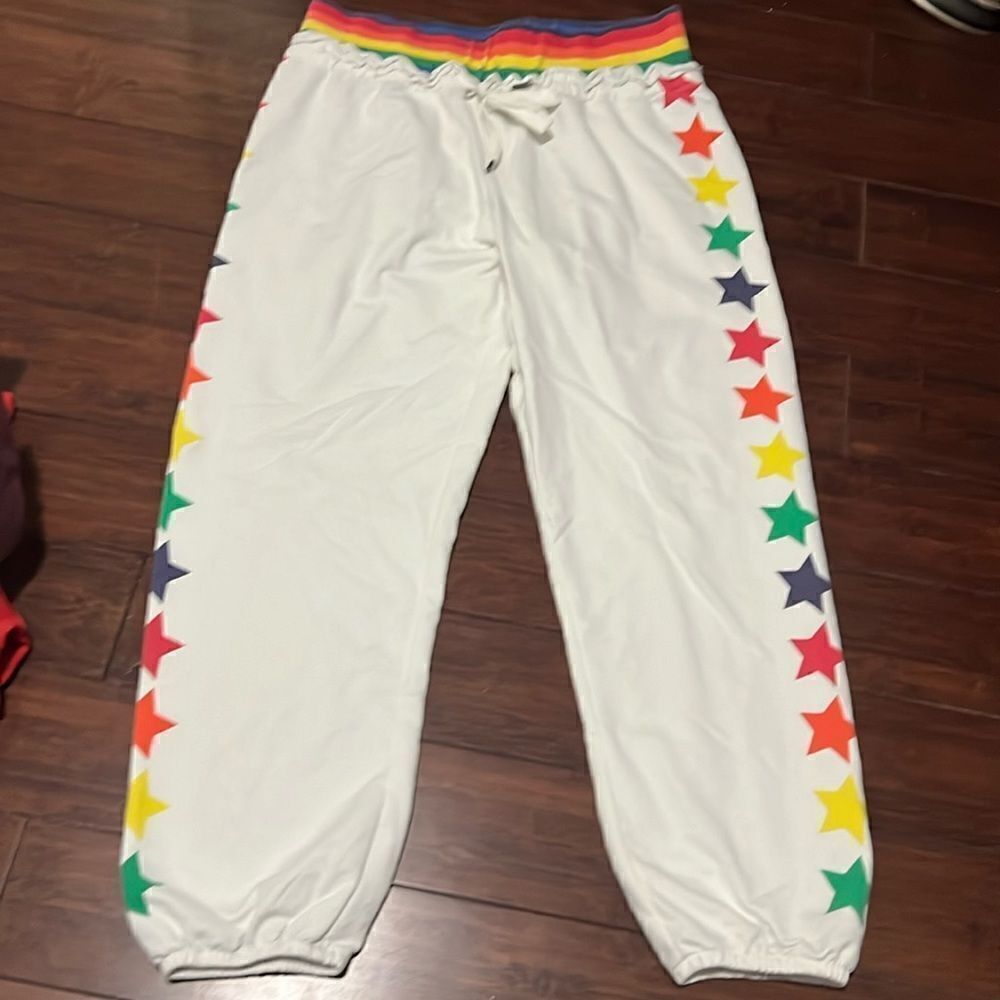 White Rainbow Star Sweatpants - Colorful Waistband
